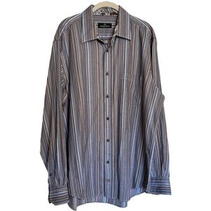 Bugatchi Uomo Shirt Size XL Gray White Brown Striped Long Sleeve Business Casual